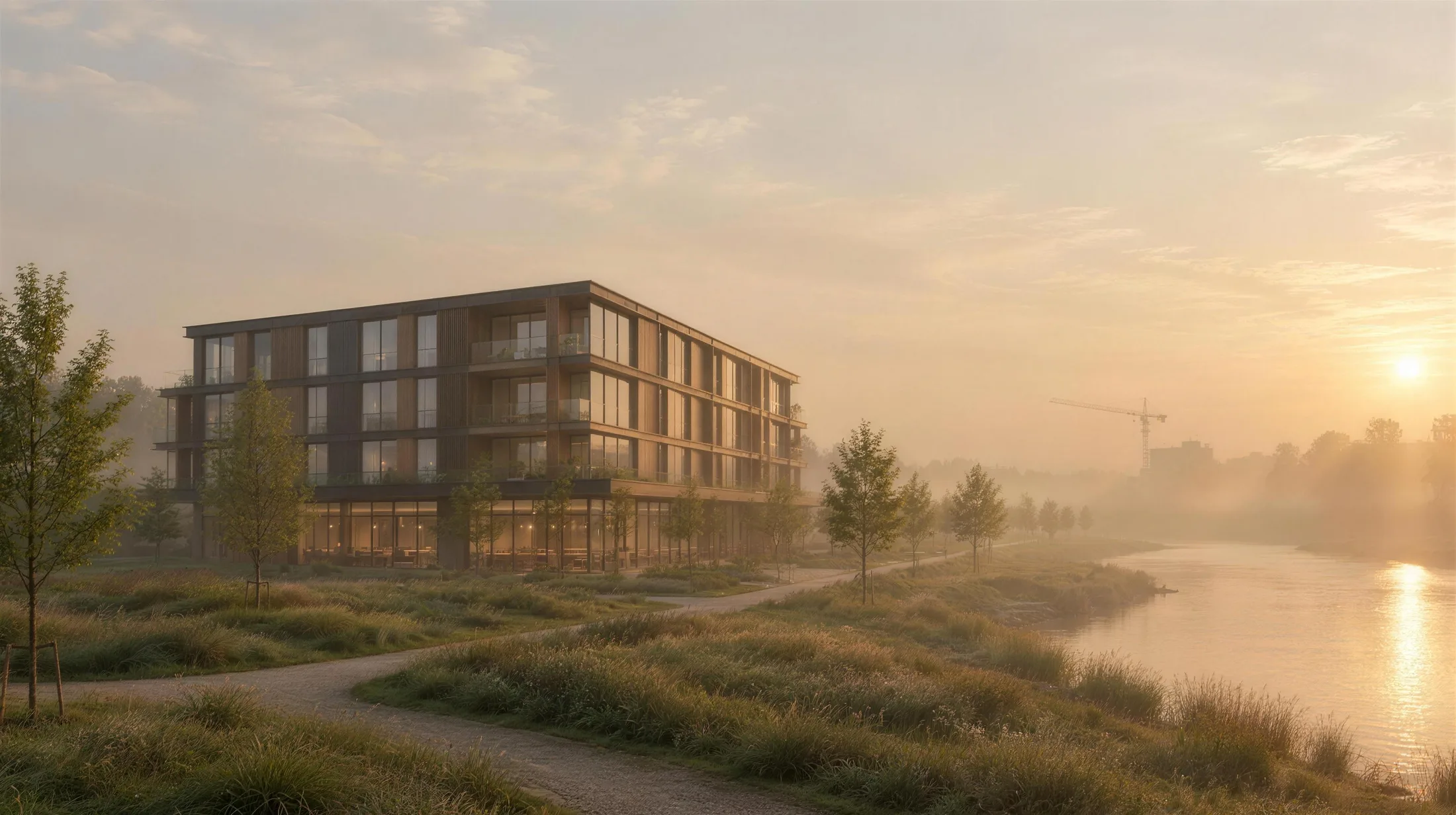 A mixed-use building with a ground-floor restaurant in morning haze
