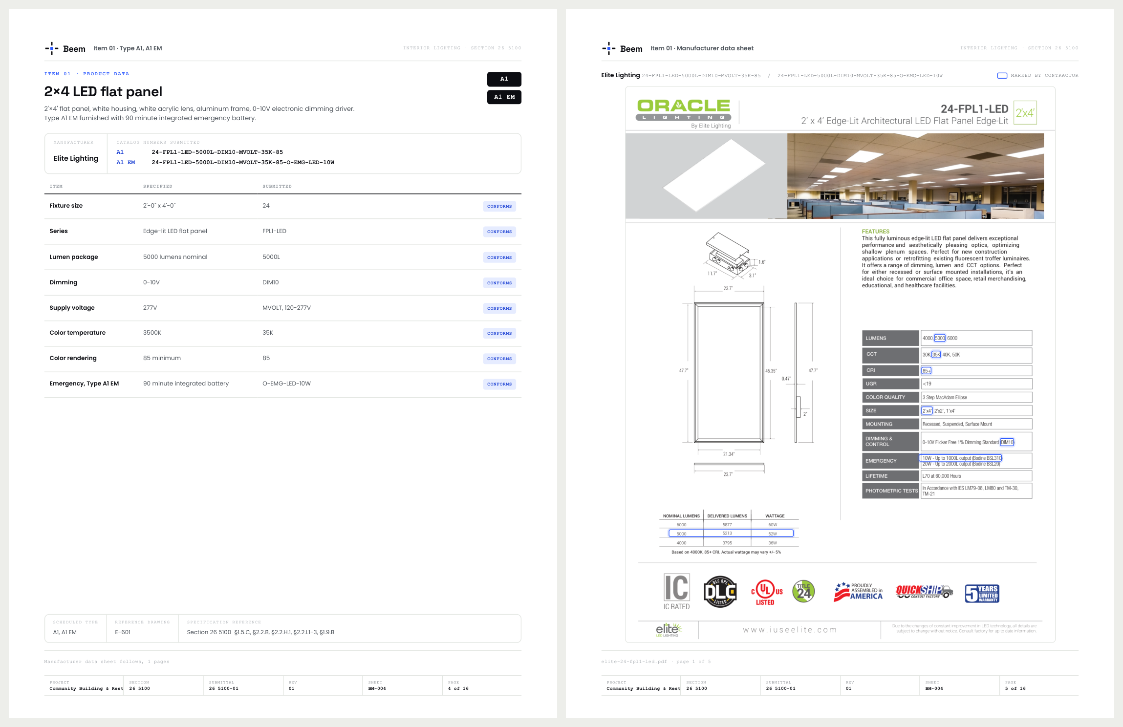 A spread from the sample book: the record page for the 2x4 flat panel beside the manufacturer's data sheet with the proposed model marked in blue