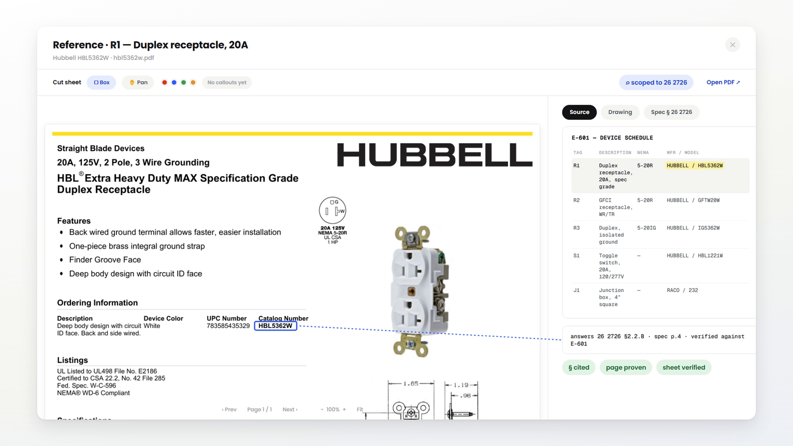 The reference viewer: a real Hubbell cut sheet beside the E-601 device schedule with the named model highlighted and the citation traced